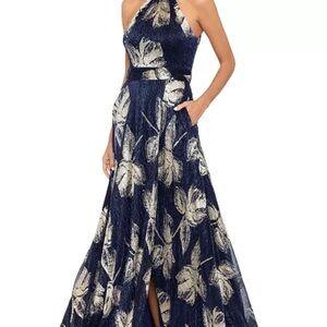 Betsy & Adam floor length navy and metallic gold gown. Worn once.